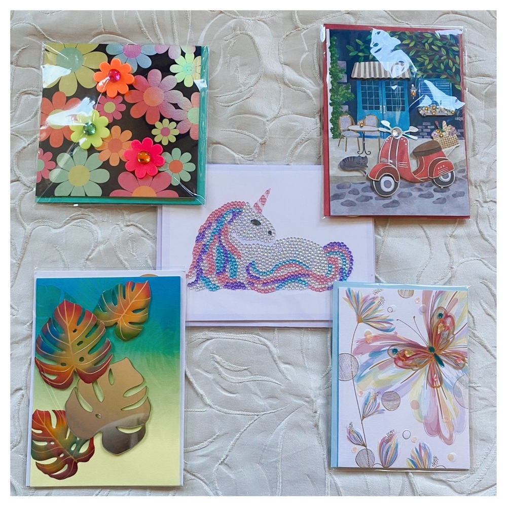 (5) Five Papyrus Blank Cards Unicorn Leaves Butterfly French Cafe NWT